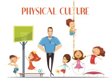 Physical Culture Lesson Retro cartoon Illustration  clipart