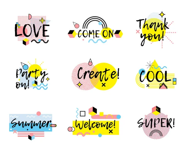 Hand Drawn Phrases Collection Memphis Style — Stock Vector
