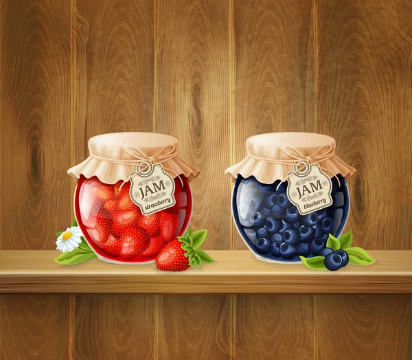 Jars With Jam On Wooden Shelf — Stock Vector