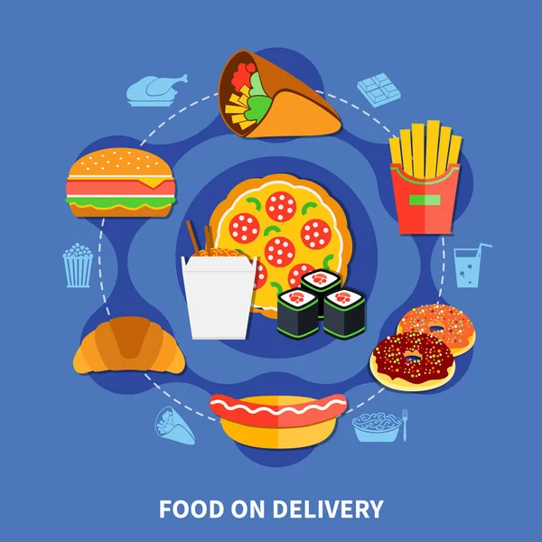 Servicio de entrega de comida rápida afiche plano — Vector de stock