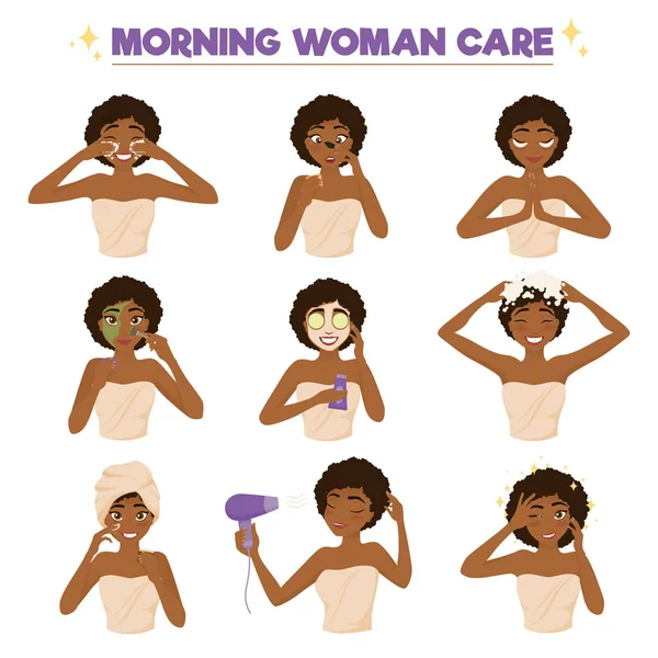 Afro American Femme matin routine icône Set — Image vectorielle