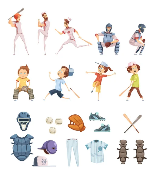 Juego de iconos de estilo retro de dibujos animados de béisbol — Archivo Imágenes Vectoriales