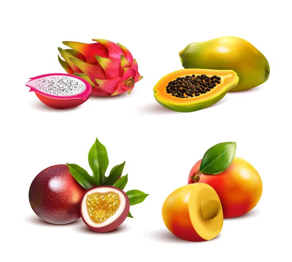 Conjunto de frutas tropicales maduras — Vector de stock