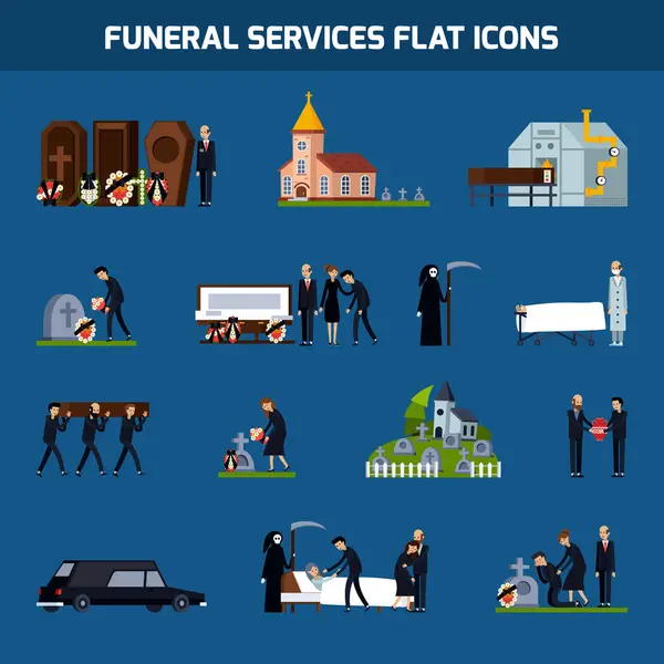 Barevné Izolované Pohřební Služby Ploché Ikony Postavou Smrti Vektorovou Ilustrací — Stockový vektor