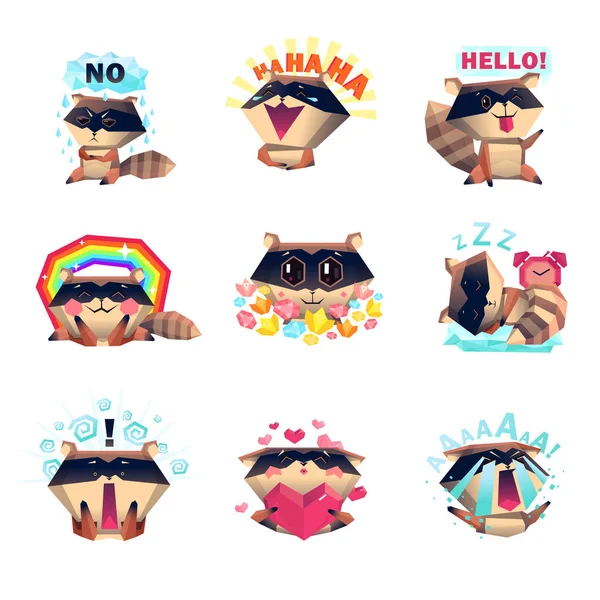 Emotions Of Raccoon Set Cartoon Style — Stock Vector