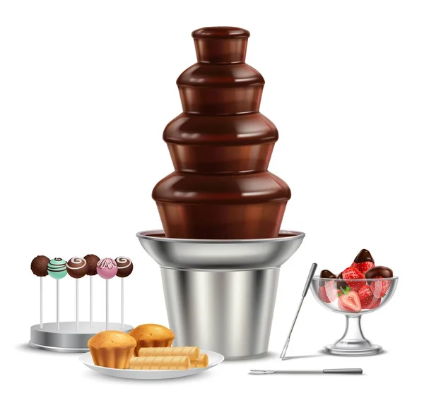 Fontein van de chocolade realistische samenstelling — Stockvector