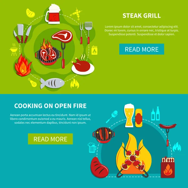 Steak Grill And Cooking On Open Fire Flat — Stock Vector