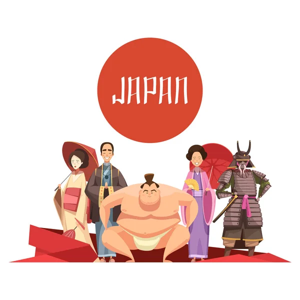 Japonés personas retro dibujos animados diseño — Vector de stock