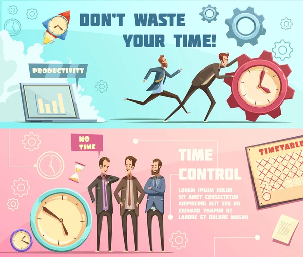 Time Management Retro Cartoon Banners — Stock Vector