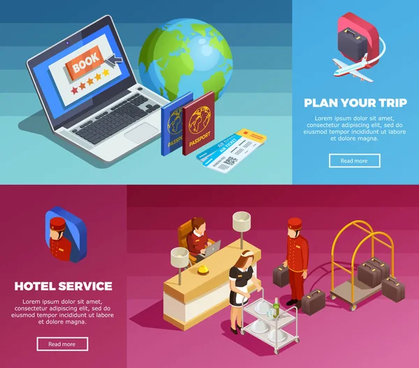 Hotelservice 2 isometrische webpagina Banners — Stockvector