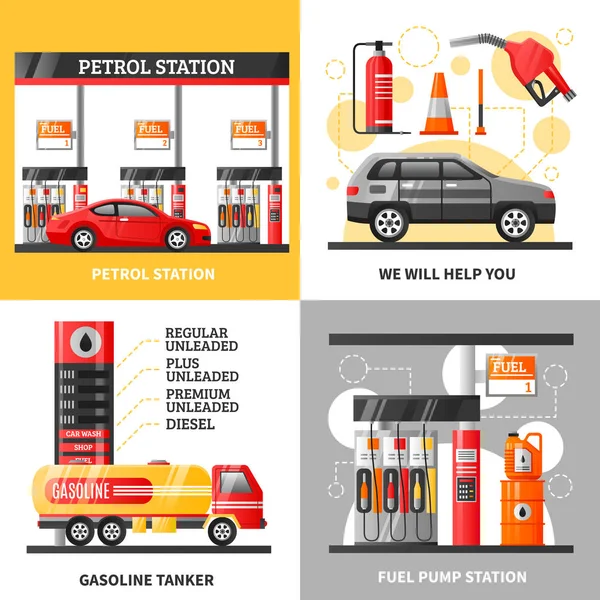 Conceito de projeto da estação de gás e gasolina 2x2 —  Vetores de Stock