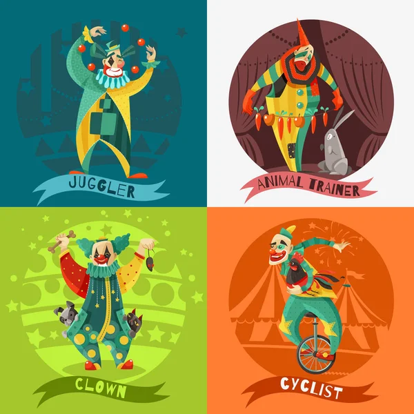Circo Clown 4 icone Concetto quadrato — Vettoriale Stock