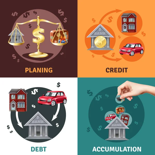 Concepto de crédito de deuda 4 iconos planos — Vector de stock