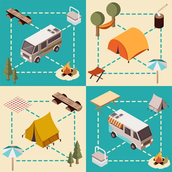 Composiciones isométricas del campamento — Vector de stock