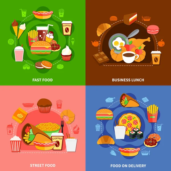 Fast Food 4 Flat Icons Square — Stock Vector