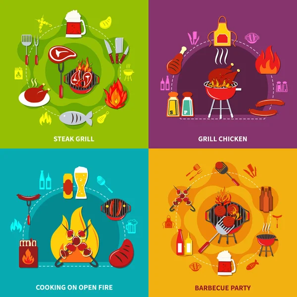 Cooking On Open Fire Steak Grill And Grill chiken On Barbecue Party — Stock Vector