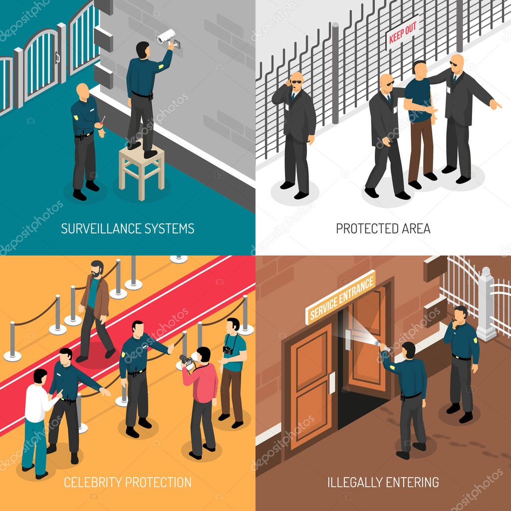 Security Service 4 Isometric Icons Square