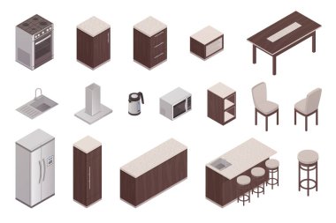  İzometrik mutfak iç unsurları 