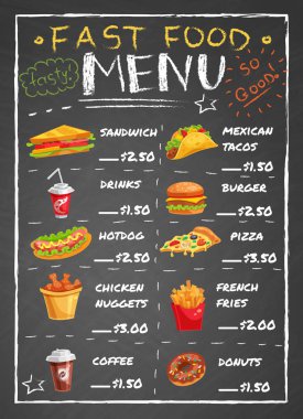 Fast Food Restoran menüsünde yazı tahtası