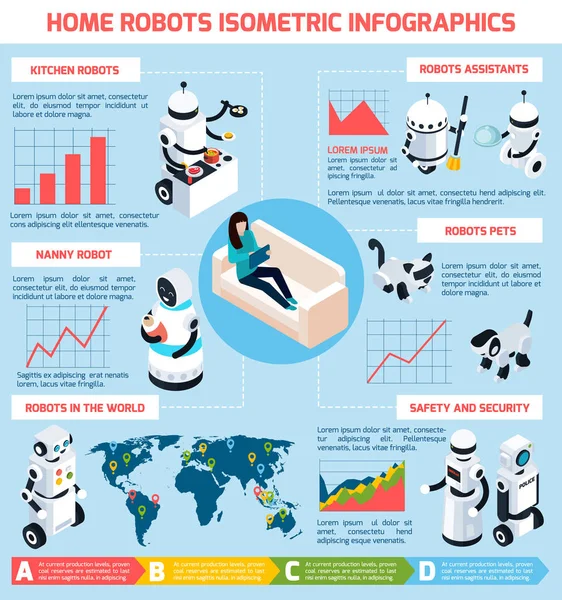 Otthoni robotok Infographics izometrikus elrendezés — Stock Vector