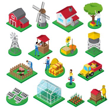 Çiftlik İmkanları işçi izometrik Icons set 