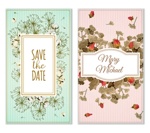 Conjunto de tarjetas de invitación con decoración de flores secas — Vector de stock