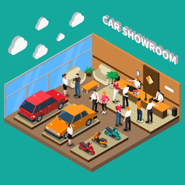Illustrazione isometrica dello showroom auto — Vettoriale Stock