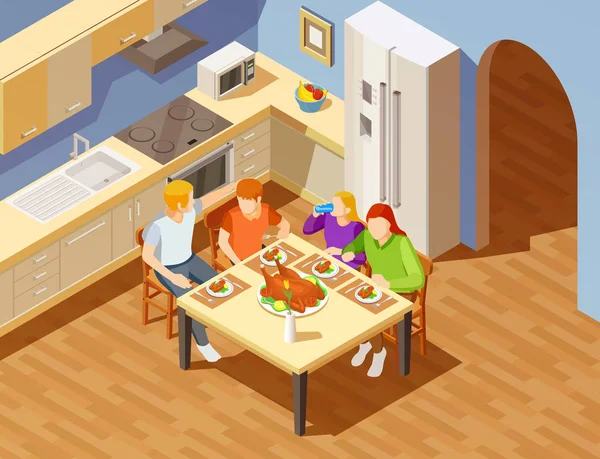 Foto Isometrik Makan Malam Keluarga Di Dapur - Stok Vektor