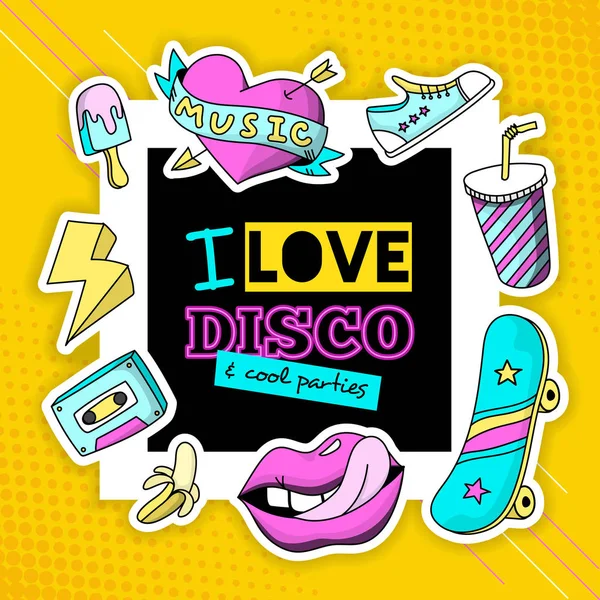 Fashion Patch Cool Disco Composition Poster — Stock Vector