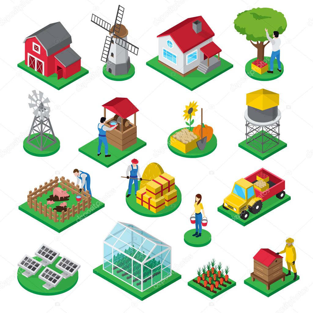 Farm Facilities Workers isometric icons set 