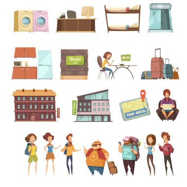 İzole hostel Retro Icons Set