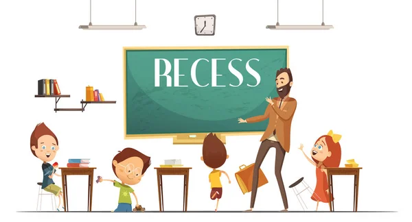 Primary School Recess Break Cartoon Illustration — Stock Vector