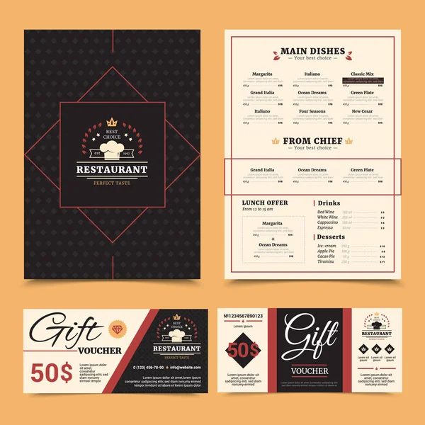 Restaurante Menú Set de tarjetas de regalo Diseño — Vector de stock