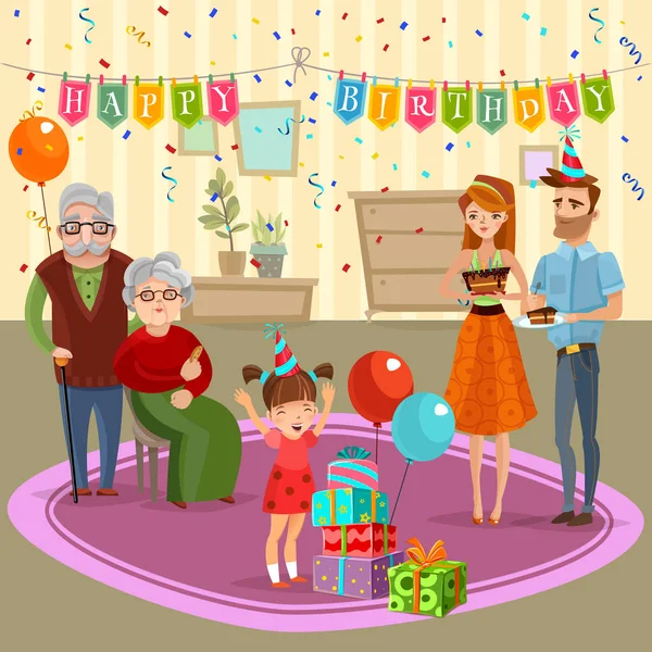 Οικογένεια σπίτι γενέθλια γιορτή καρτούν εικονογράφηση — Διανυσματικό Αρχείο