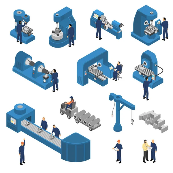 Macchine utensili con i lavoratori Set isometrico — Vettoriale Stock