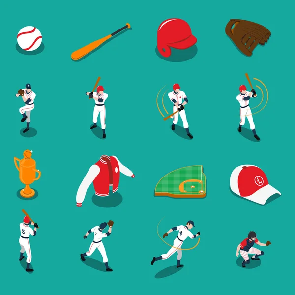 Juego de iconos isométricos de béisbol — Vector de stock