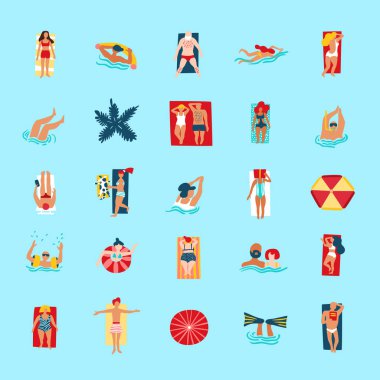 Beach insanlar komik düz simgeler koleksiyonu