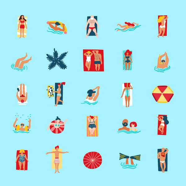 Colección de iconos planos divertidos de Beach People — Vector de stock