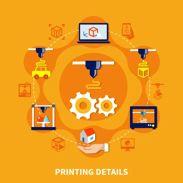 Details für 3D-Drucker auf orangefarbenem Hintergrund — Stockvektor