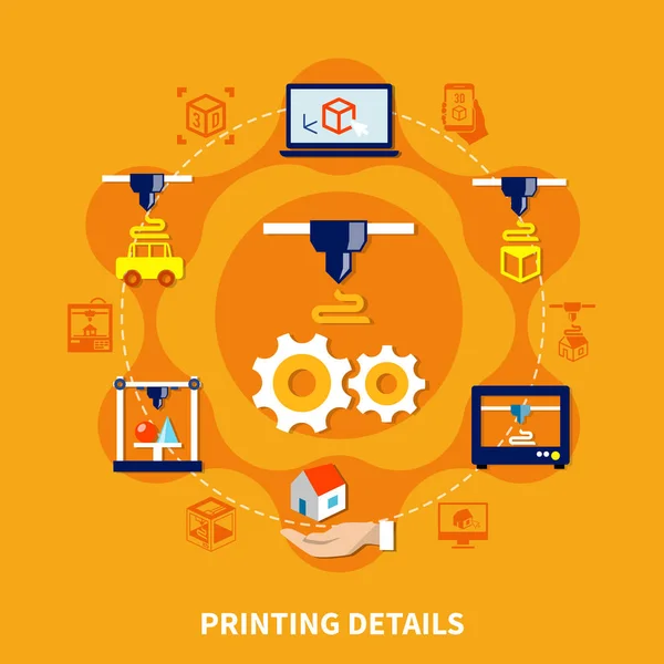 Detalles para impresora 3d sobre fondo naranja — Archivo Imágenes Vectoriales