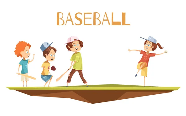 Niños de dibujos animados jugando béisbol Vector Ilustración — Vector de stock