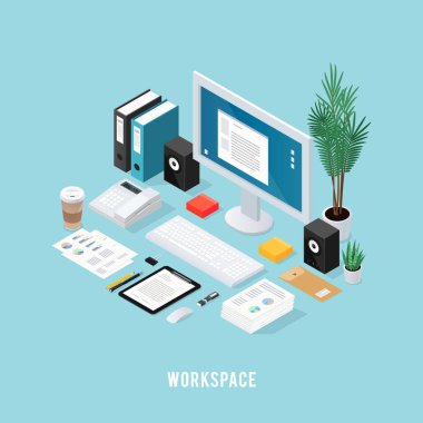 Renkli Office çalışma alanı izometrik kompozisyon