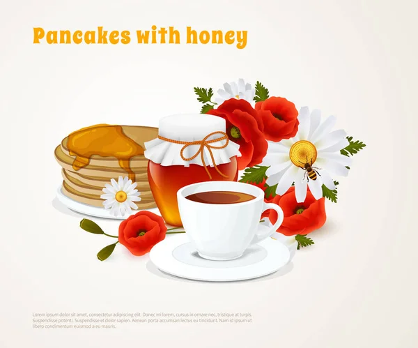 Pancakes With Honey Composition — Stock Vector