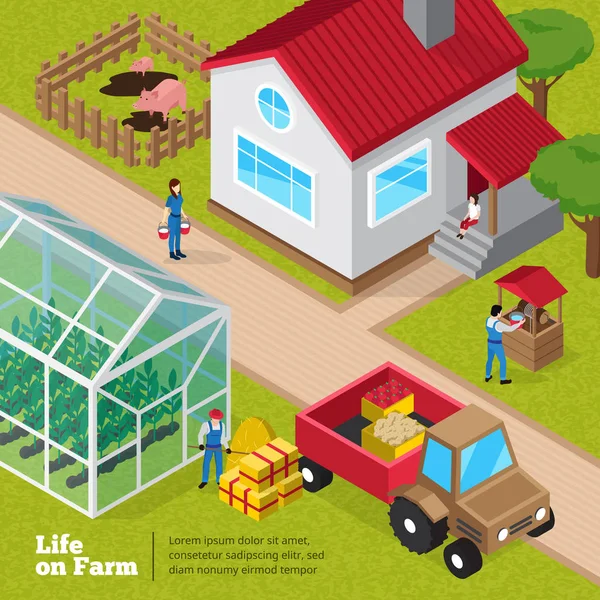 Farm Life Daily Activities Isometric Poster — Stock Vector