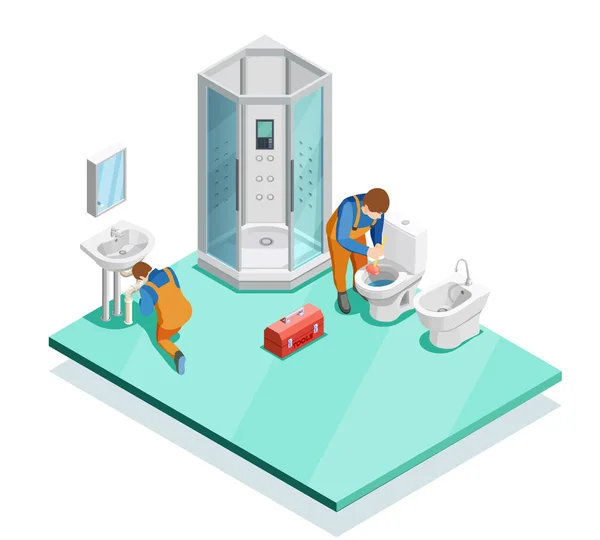 Plumbers In Modern Bathroom Isometric Image — Stock Vector