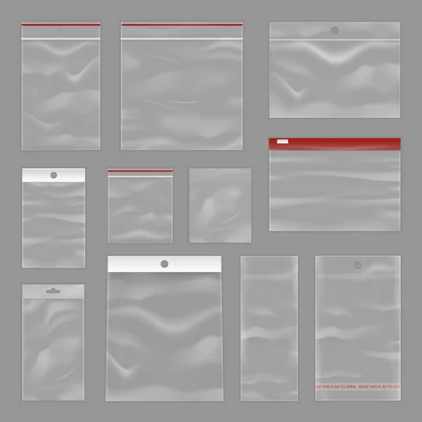 Cleartransparent 지퍼 가방 현실적인 설정 — 스톡 벡터