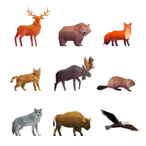 Northern Wild Animals Polygonal Icons Set — Stock Vector