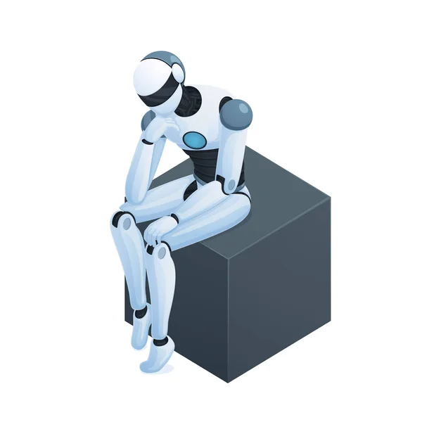 Robot Thinking On Cube Isometric Composition Stock Vector