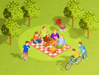 Aile yaz kırsal piknik izometrik görünümü 