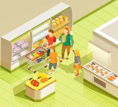 Aile bakkal süpermarket izometrik görünümü alışveriş